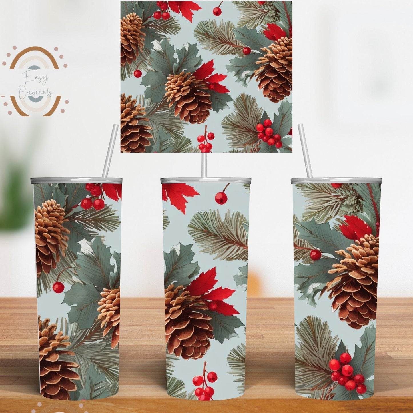 Christmas Pinecones and Holly Tumbler Wrap 20 oz skinny tumbler Sublimation Digital download png, holiday festive tumbler