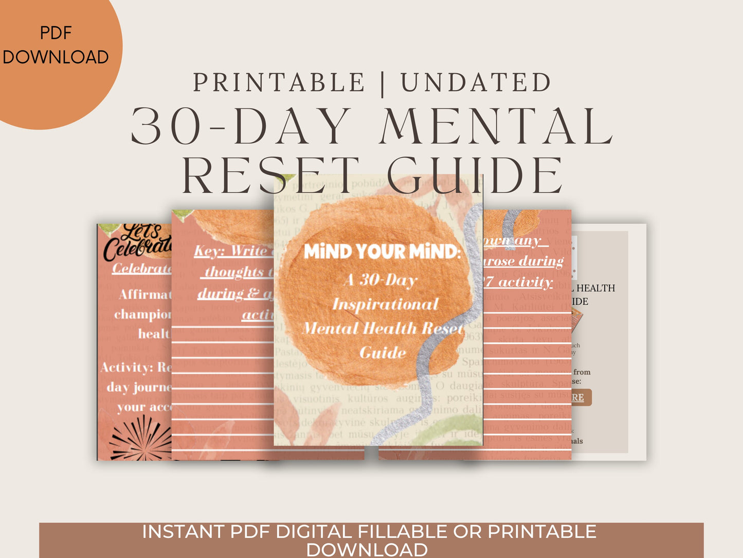 Mental Health Self Care Guide 30 day mental reset printable guide journal, Anxiety journal