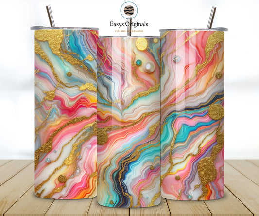 Rainbow Tumbler Wrap Marble Neon Colors and Gold Glitter 20oz Tumbler Sublimation Design PNG, Alcohol Ink Tumbler PNG File