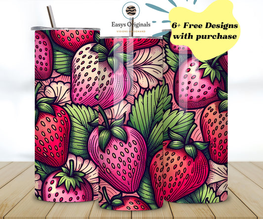 Strawberry 20oz skinny tumbler sublimation design, Pink girl strawberry doodle Digital PNG Straight wrap strawberries tumbler wrap download